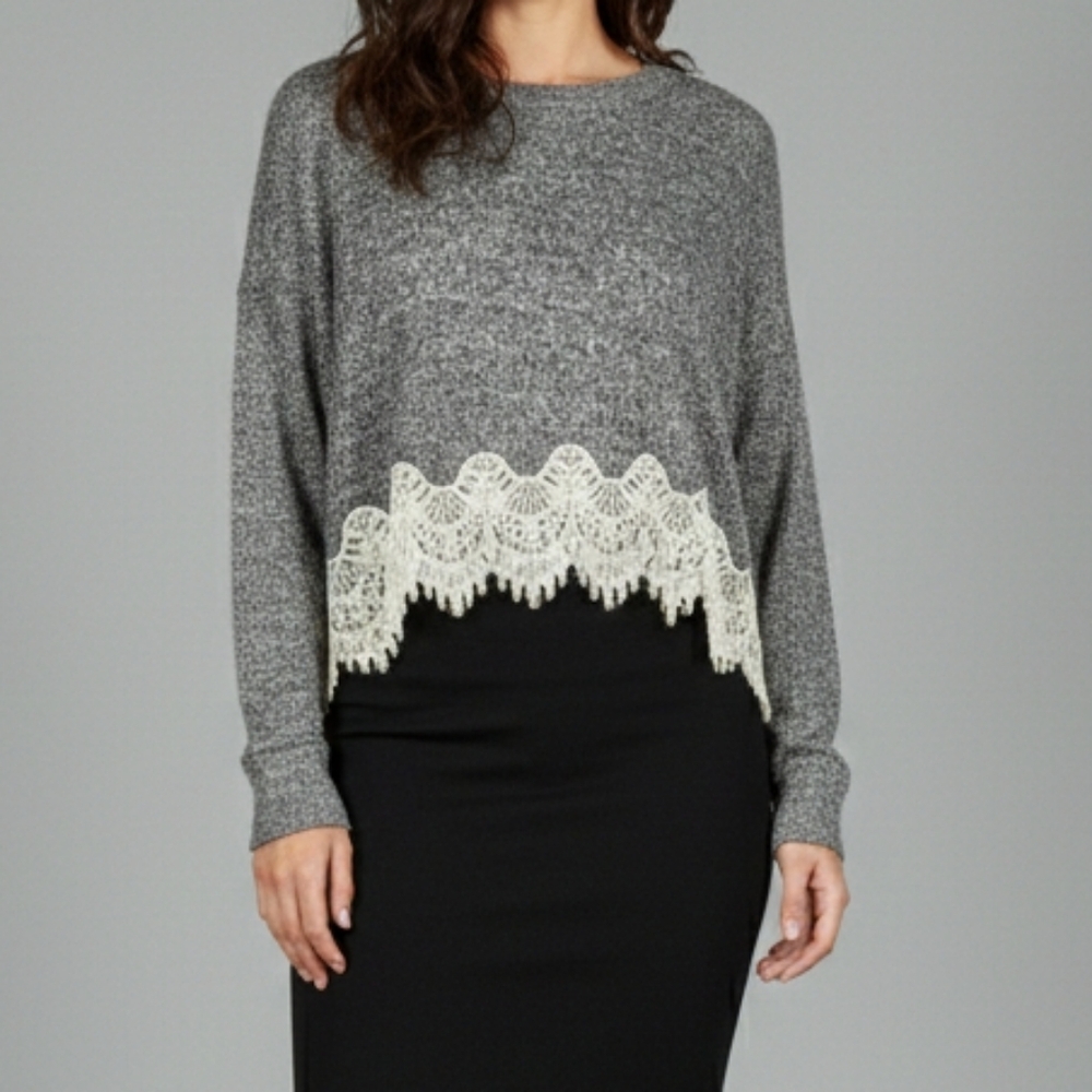The Kooples Oversize Grey Knit Top Size L / 3 White Lace Trim Hi Lo Hem Womens